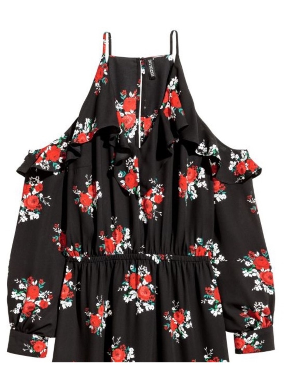 Cold-Shoulder Black Floral Ruffle Dress with Red Rose Print